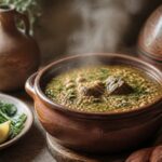 Chorba frik, soupe algérienne au blé vert concassé et à l'agneau, fumante dans une cocotte en terre