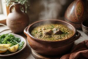 Chorba frik, soupe algérienne au blé vert concassé et à l'agneau, fumante dans une cocotte en terre