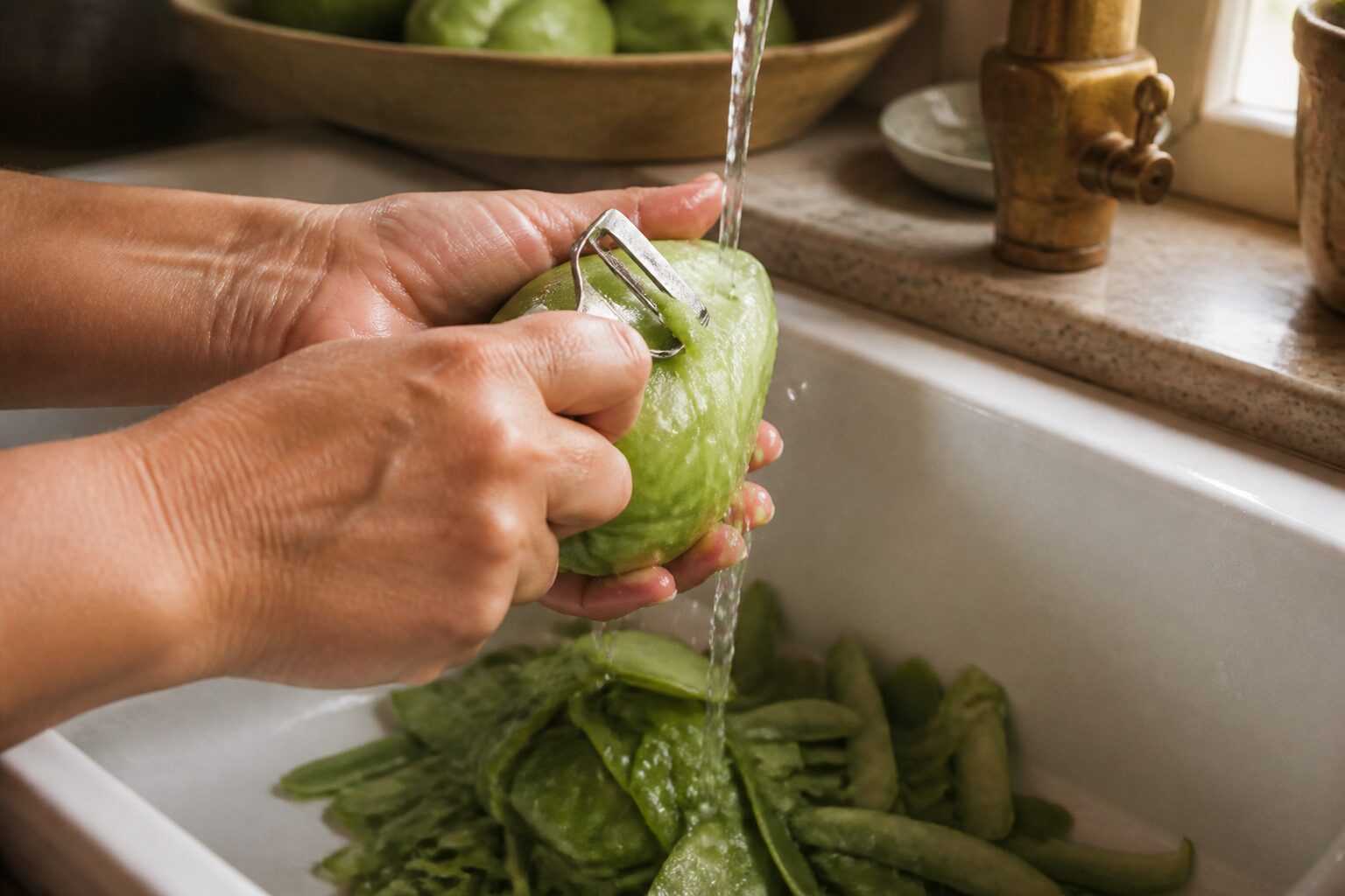Chayote fraîche épluchée et coupée sur une planche en bois avec un couteau de cuisine, ambiance cuisine de famille provençale, lumière de fenêtre douce, palette verte et crème