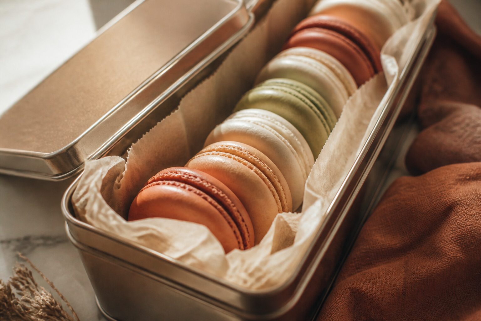 Coques de macarons alignées dans une boîte hermétique sur papier sulfurisé, lumière naturelle chaude