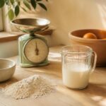 Cuillères doseuses et verre gradué avec farine et lait sur un plan de travail