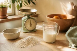 Cuillères doseuses et verre gradué avec farine et lait sur un plan de travail