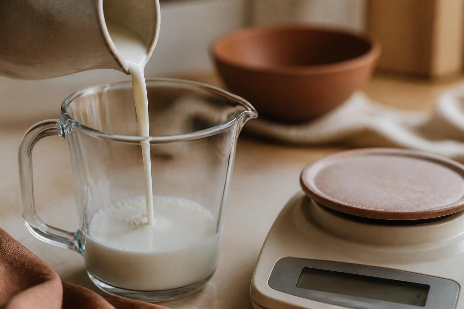 Verre doseur avec du lait versé à côté d'une balance de cuisine