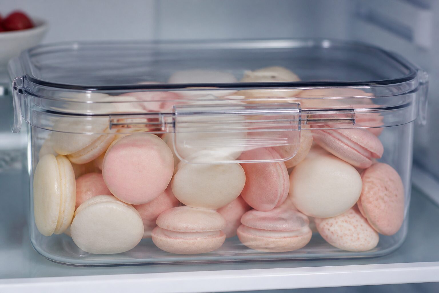 Boîte hermétique de coques de macarons au réfrigérateur, sachet de silice visible, lumière froide naturelle