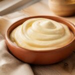 Bol en terracotta contenant une crème diplomate onctueuse à la vanille, sur table rustique en bois