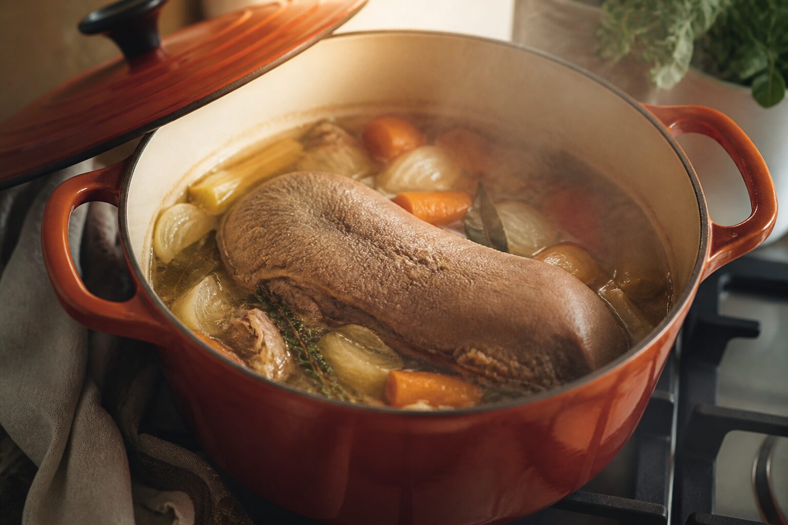 Langue de bœuf mijotant en cocotte dans son bouillon de légumes