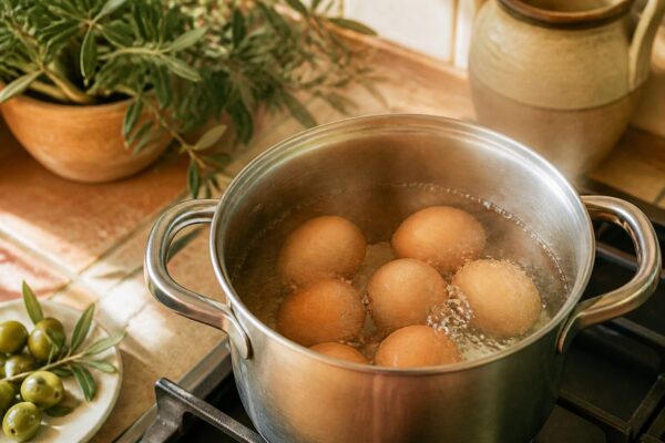 Cuisson des oeufs durs dans une casserole d'eau frémissante