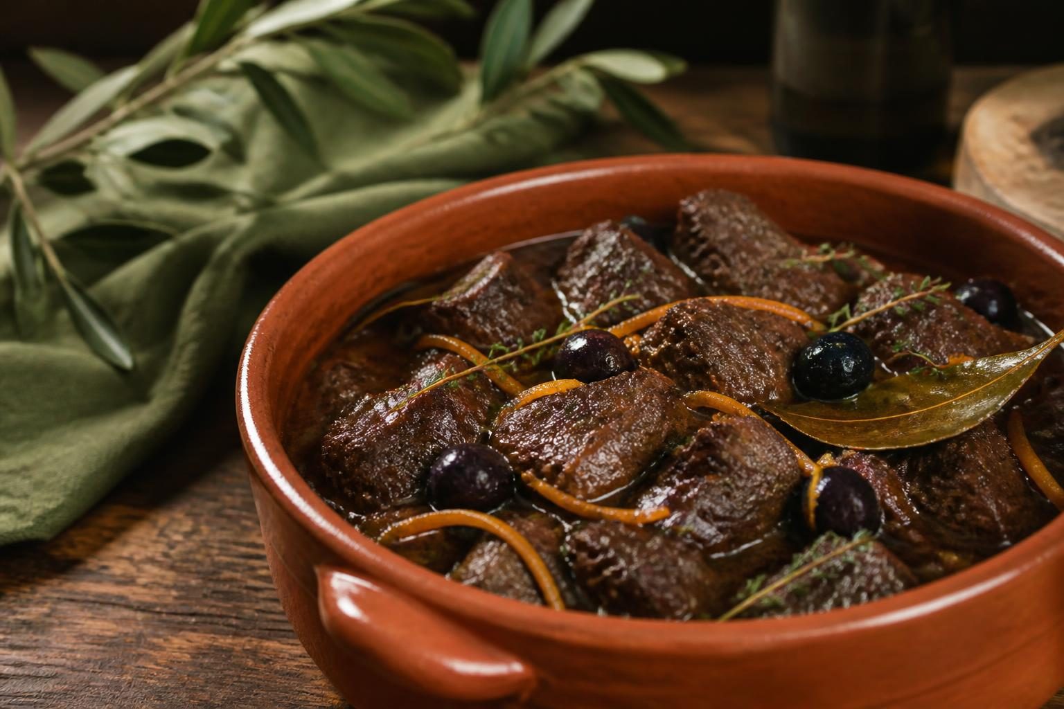 Daube provençale mijotée servie dans un plat en terre cuite avec olives noires