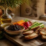 Plateau d'entrées estivales du Sud : tapenade, légumes frais et huile d'olive sur une table provençale
