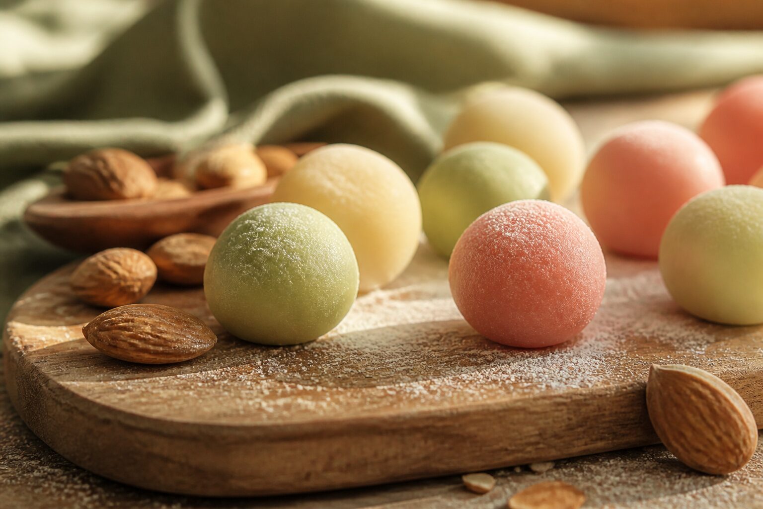 Pâte d'amande façonnée en petites boules colorées sur une planche en bois avec amandes