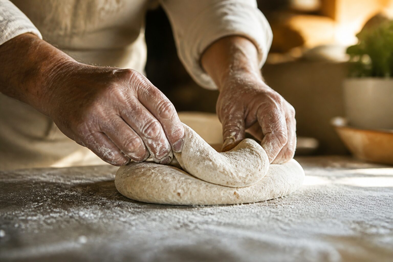 Mains en train de façonner une pâte à pain de campagne sur plan fariné