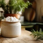 Pot en grès crème rempli de fécule de pomme de terre blanche sur plan de travail en bois, cuisine provençale