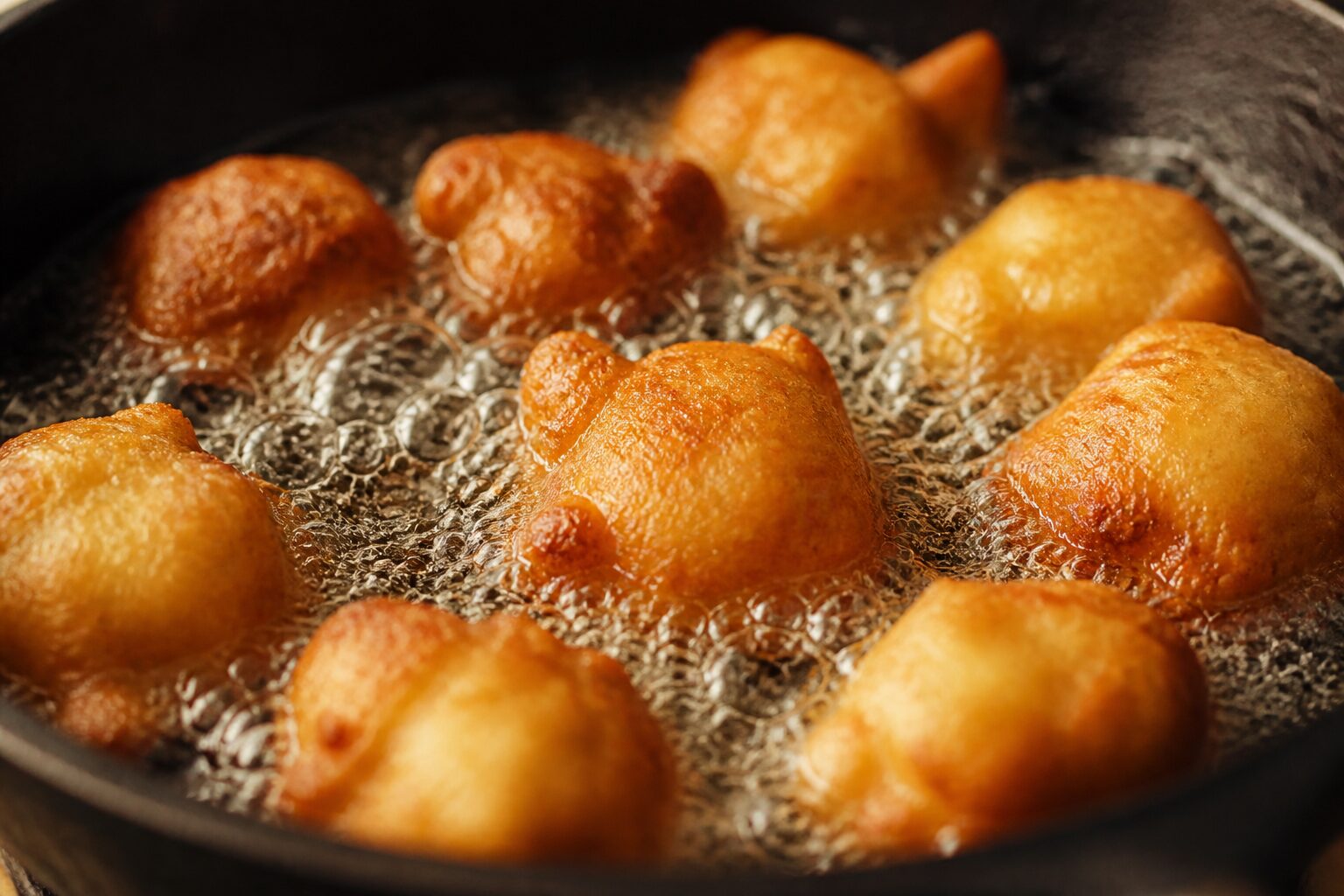 Boulettes de pâte en train de frire dans une poêle en fonte