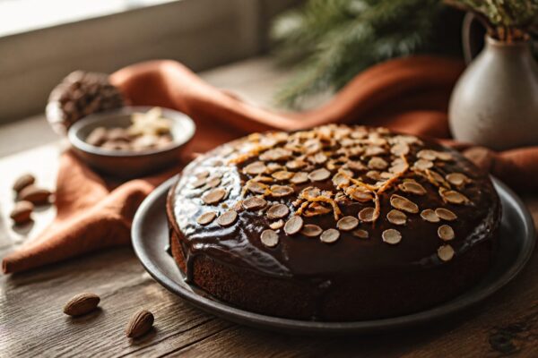 gâteau de noël moelleux au chocolat glacé de ganache et amandes effilées