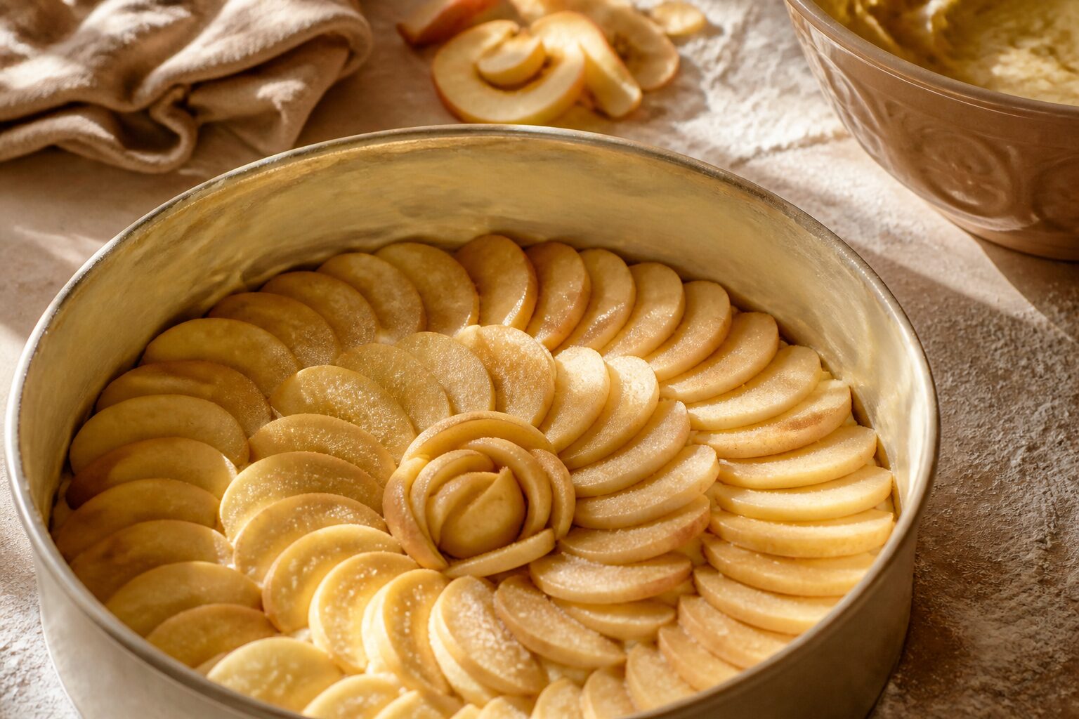 lamelles de pommes disposées en rosace dans un moule à gâteau beurré