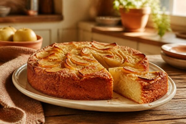 gâteau aux pommes recette de grand-mère moelleux doré sur assiette rustique