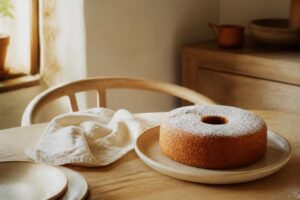 Gâteau vanille moelleux tout juste démoulé saupoudré de sucre glace