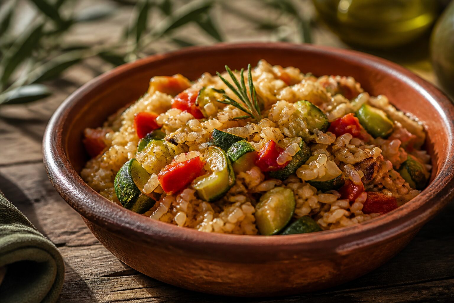 Riz de Camargue sauté aux légumes servi dans un plat en terre cuite