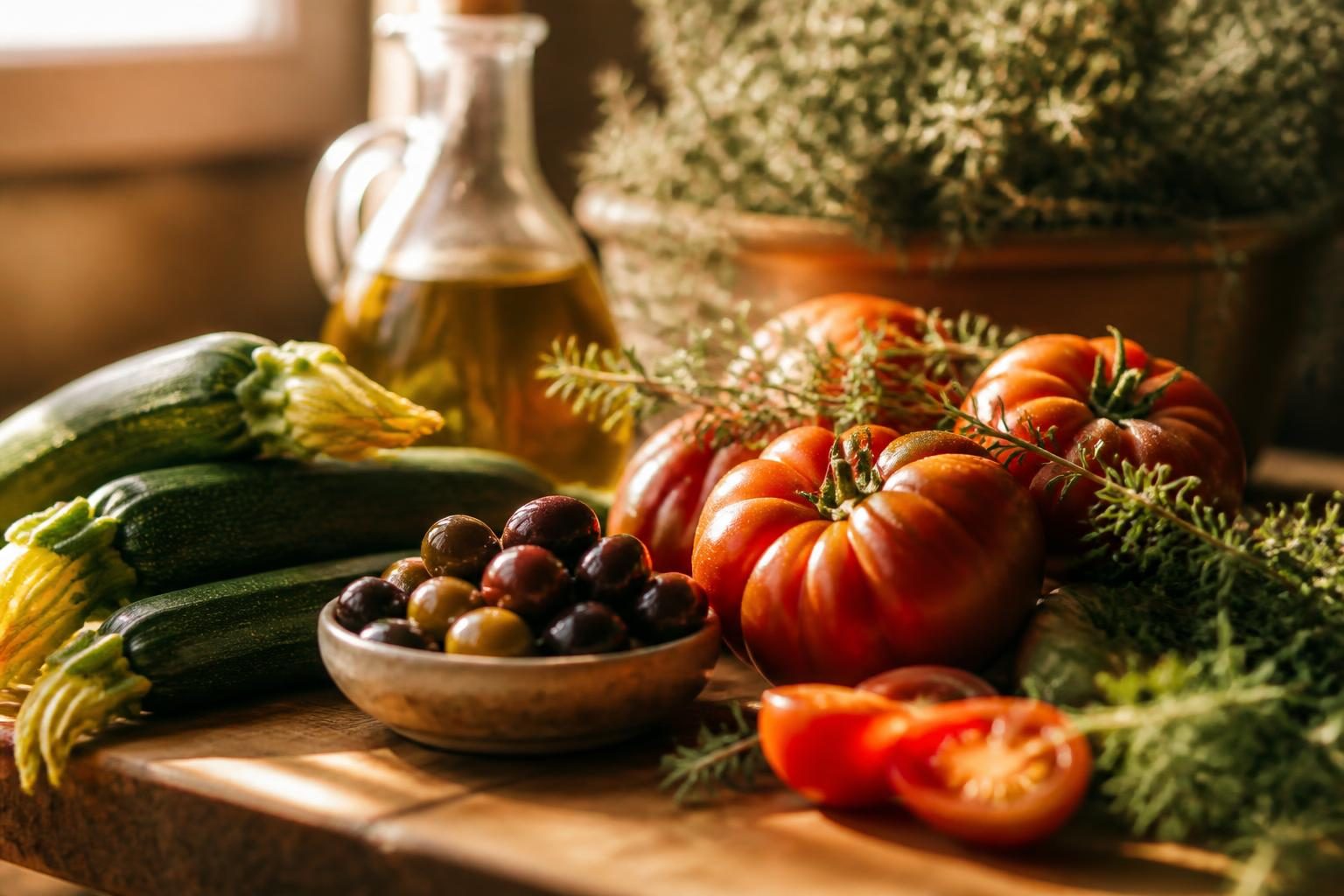 Ingrédients frais du Sud disposés pour préparer une recette d'été plat unique