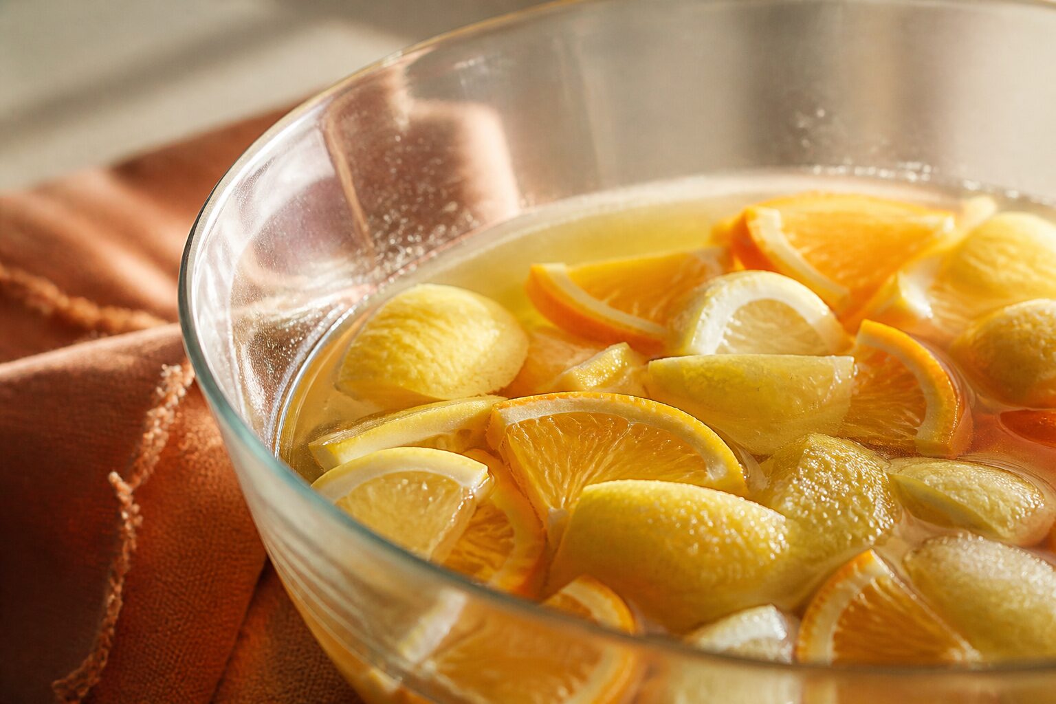 Citrons et oranges macérant dans le vin blanc et le sucre pour la marquisette