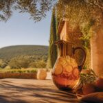 Pichet de marquisette aux agrumes et glaçons sur une table en Ardèche