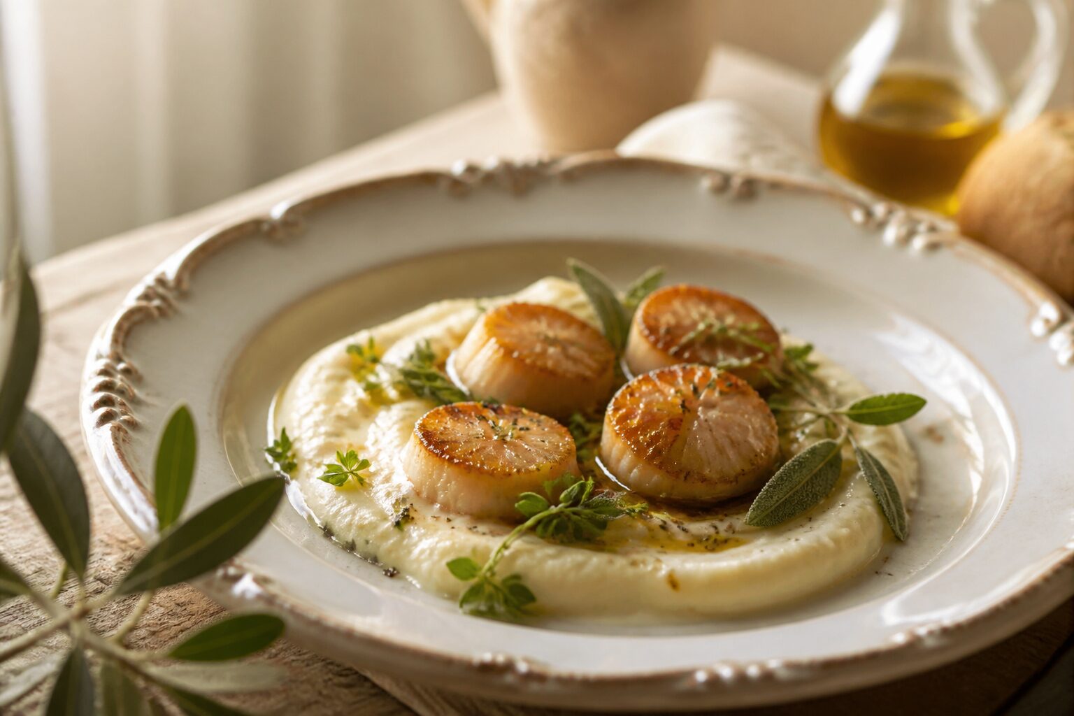Entrée de Noël élégante : saint-jacques poêlées et purée dorée sur assiette de fête