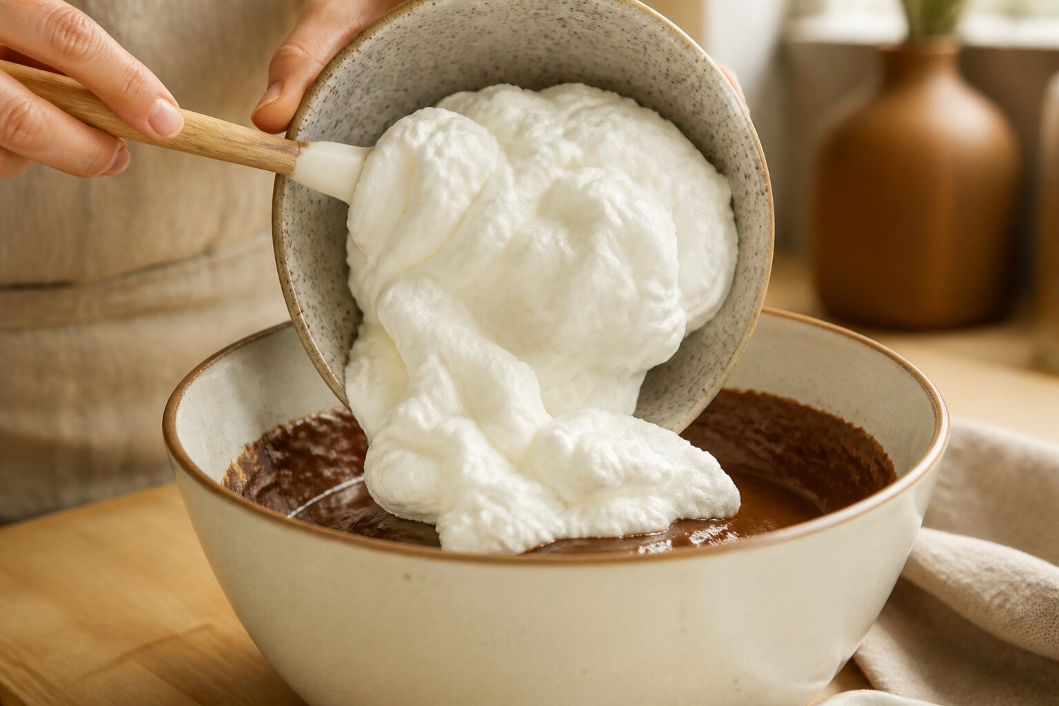 Mousse au chocolat maison facile, blancs en neige incorporés au chocolat fondu