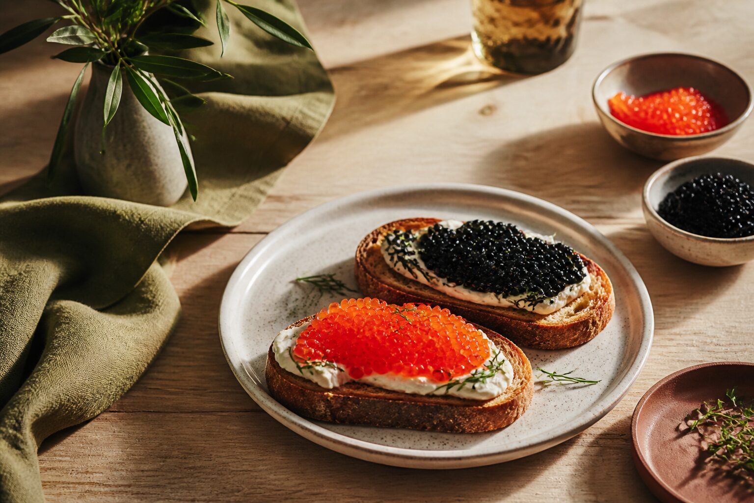 Oeufs de lompe rouges et noirs servis sur des toasts