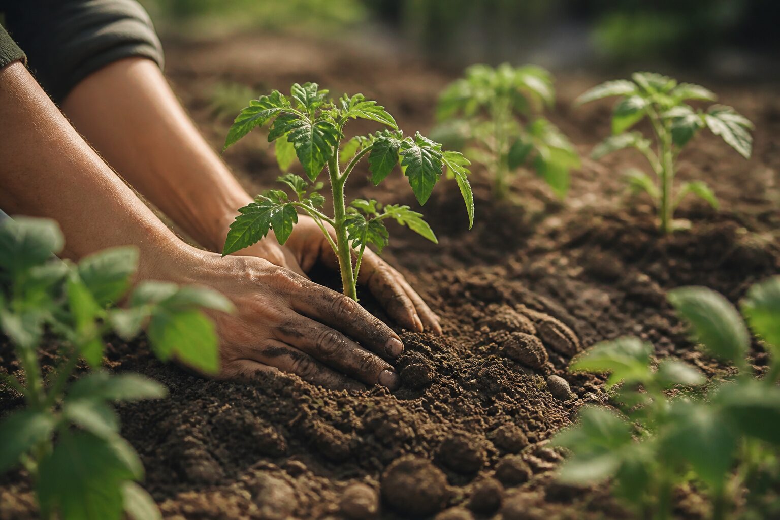 Mains plantant de jeunes tomates au potager pendant la période de plantation du printemps