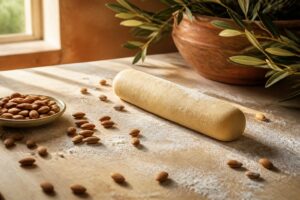 Boudin de pâte d'amande maison sur un plan de travail en bois avec amandes entières et sucre glace