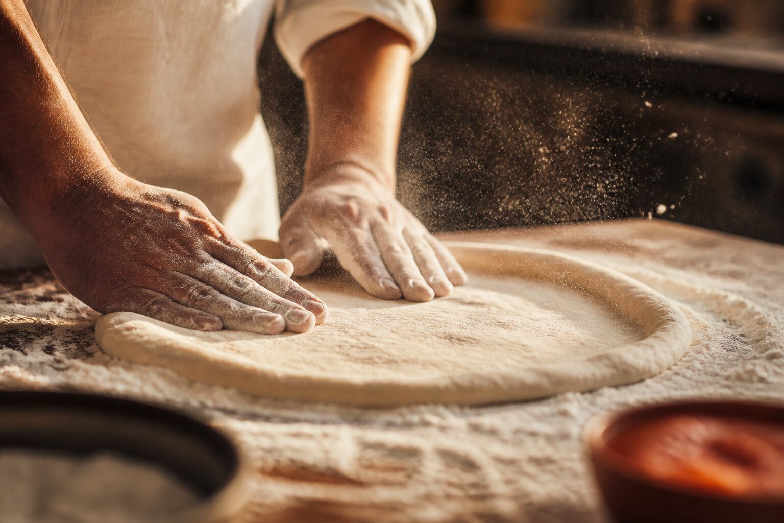 Pâte à pizza thermomix italienne étalée à la main sur plan fariné