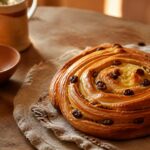 Pain au raisin maison doré en spirale sur table provençale, lumière ambrée du matin
