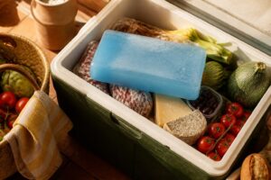Pain de glace rigide posé sur des aliments méditerranéens dans une glacière ouverte