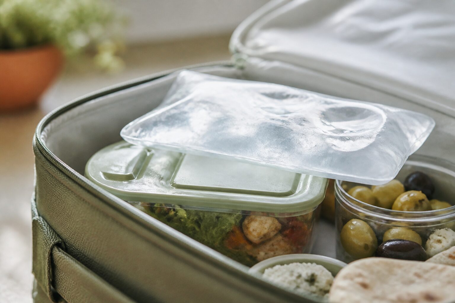 Sac isotherme ouvert avec des aliments méditerranéens frais, pain de glace souple visible en haut, lumière naturelle chaude, tons crème et vert olive
