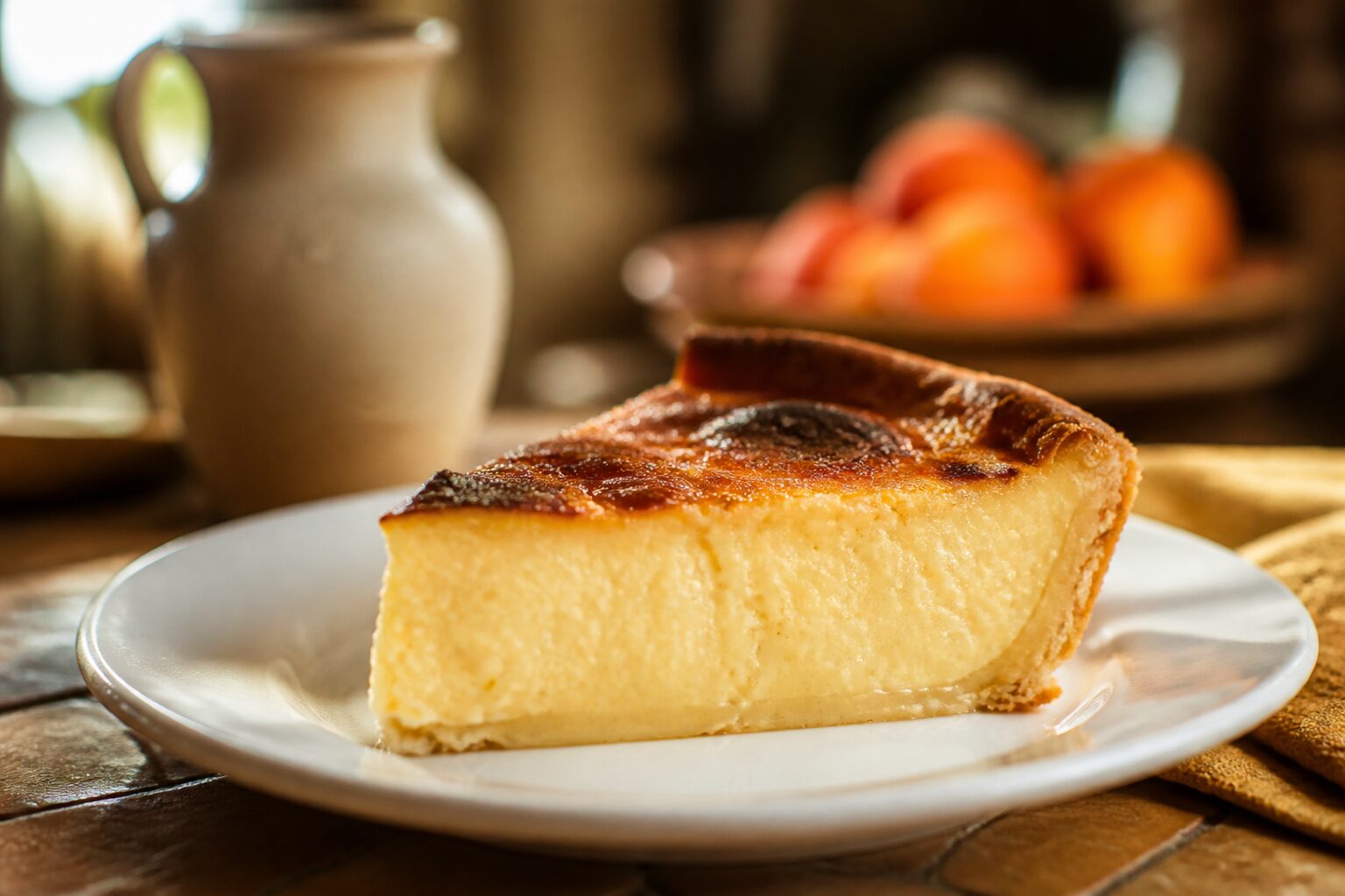 part de flan parisien crémeux coupée sur assiette blanche, texture vanillée visible