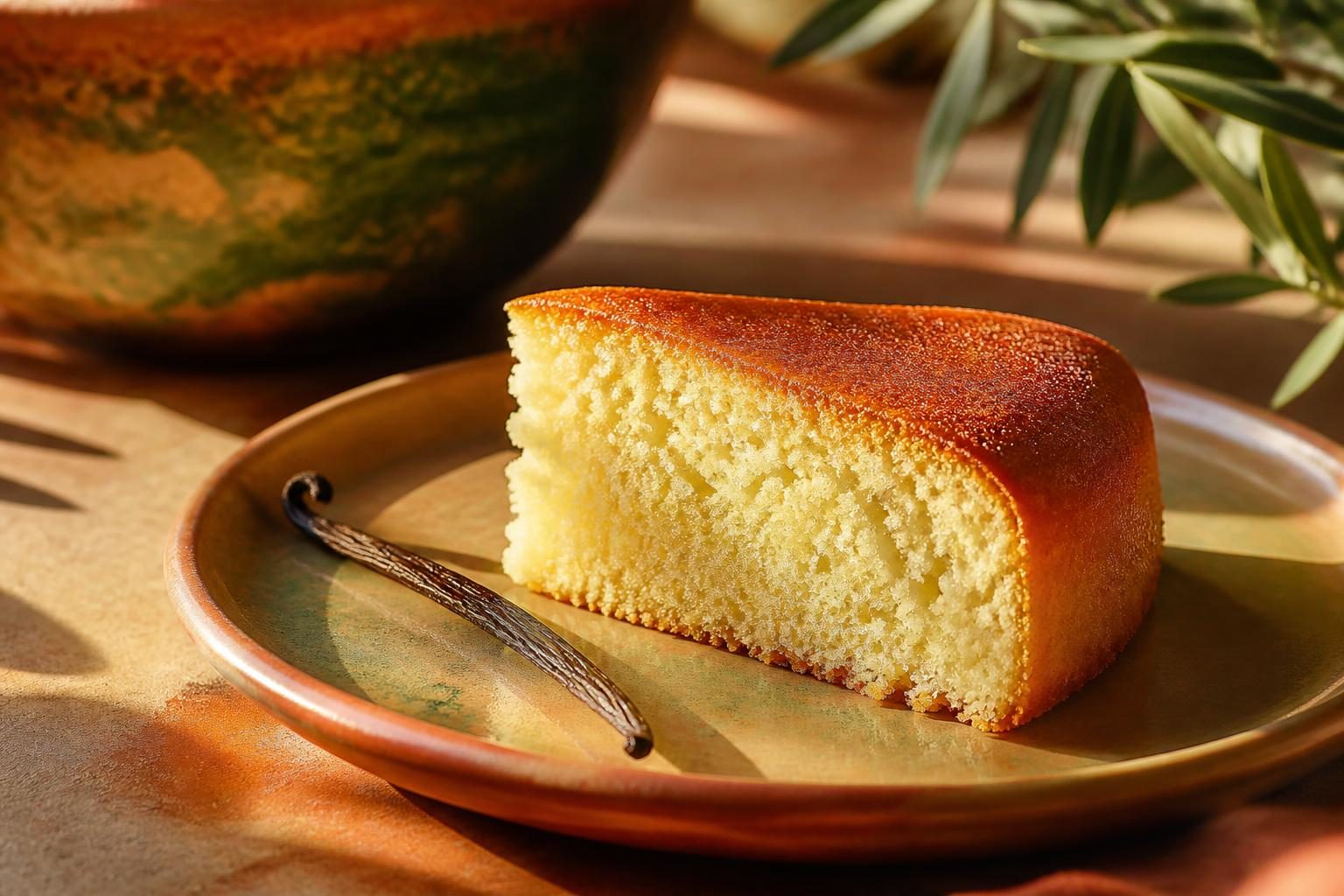 Part de gâteau moelleux à la vanille servie dans une assiette en céramique
