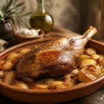 Épaule d'agneau rôtie et dorée au four sur un lit de pommes de terre