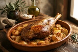 Épaule d'agneau rôtie et dorée au four sur un lit de pommes de terre