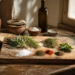 Épices, herbes fraîches et sel disposés sur une planche en bois