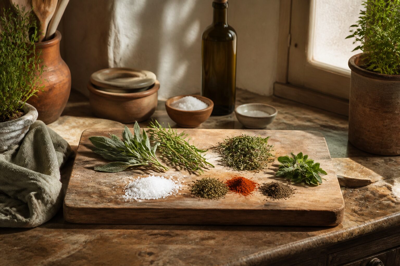 Épices, herbes fraîches et sel disposés sur une planche en bois