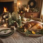 Table de Noël dressée avec un plat de volaille rôtie et des herbes de Provence