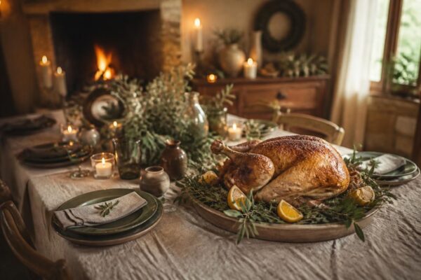 Table de Noël dressée avec un plat de volaille rôtie et des herbes de Provence