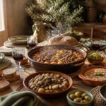 Table familiale dressée avec un plat mijoté fumant au centre