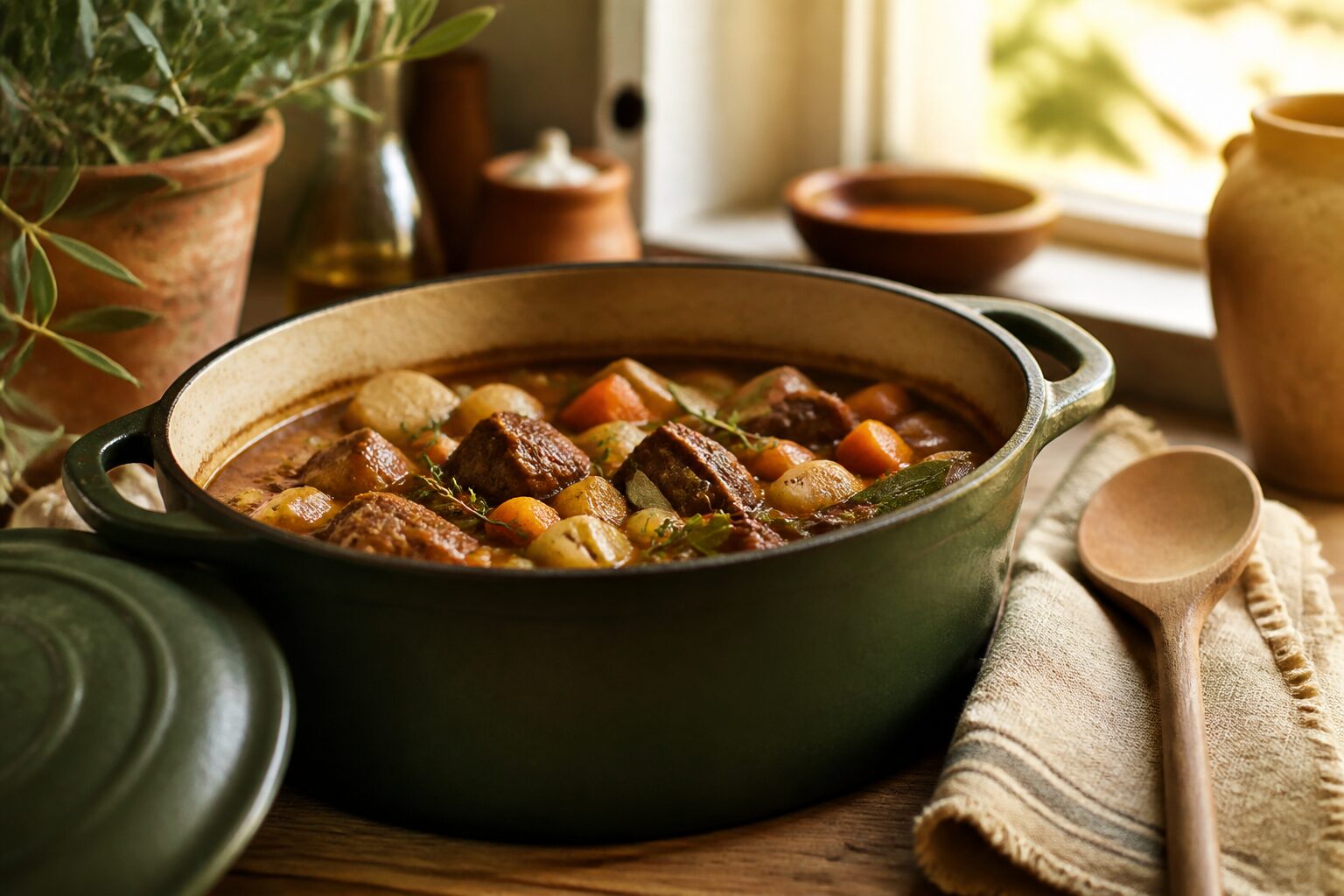 Ingrédients et cocotte en fonte préparés pour un plat familial mijoté