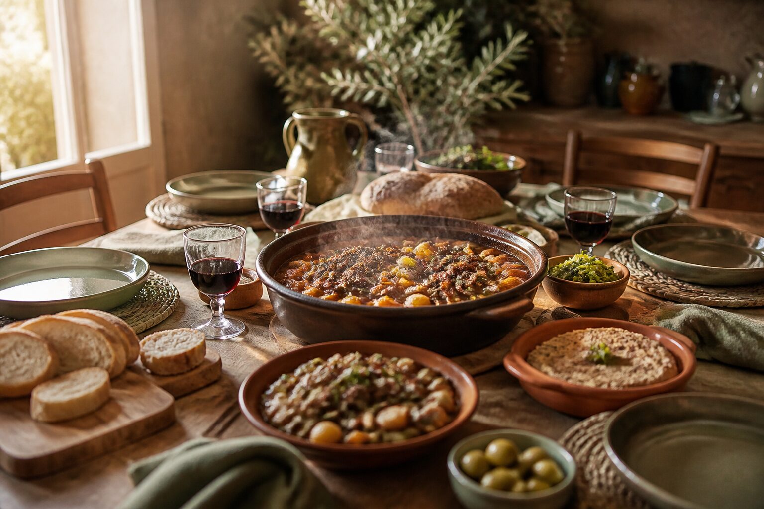Table familiale dressée avec un plat mijoté fumant au centre