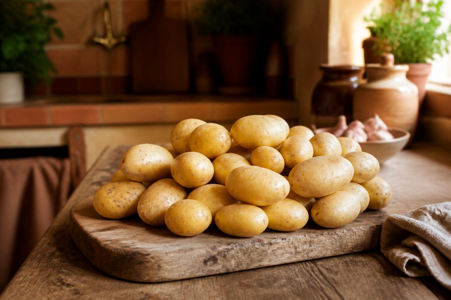 Pommes de terre bintje entières sur une planche en bois