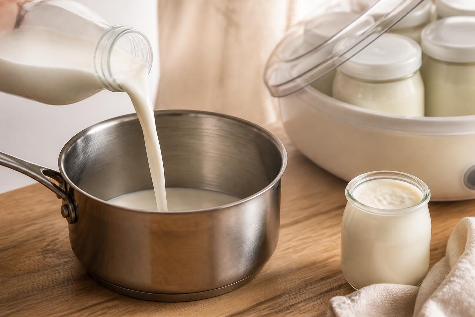 Lait versé dans une casserole à côté d'un pot de yaourt nature et d'une yaourtière