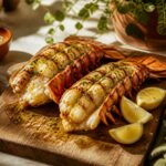 Queues de langouste grillées au four nappées de beurre à l'ail et servies avec des quartiers de citron