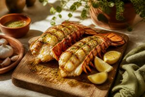 Queues de langouste grillées au four nappées de beurre à l'ail et servies avec des quartiers de citron