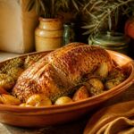 Rôti de dinde doré au four dans un plat en terre cuite provençale avec herbes et légumes rôtis